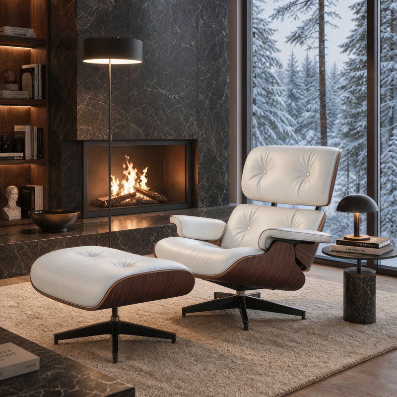 Mid Century Genuine Leather Recliner Lounge Chair with Ottoman and Solid Wood Frame for Living Room, Study Room, Guest Room 