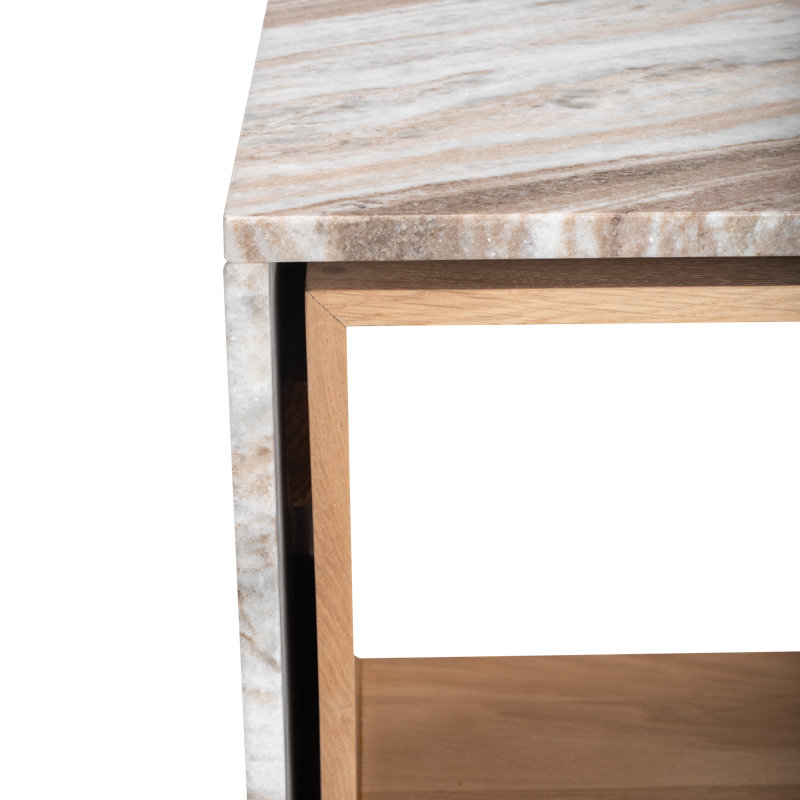 Authentic Italian Marble with Natural Oak Wood Occasional Table / Night Stand, Tan, White/Beige