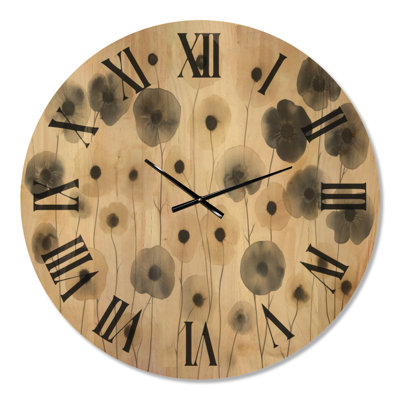 Horloge murale ronde en bois massif Smoke Petal Meadow - Coquelicots