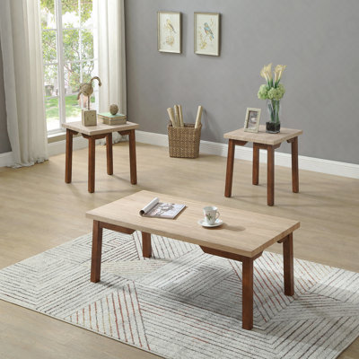 3pc  Beige & Brown Coffee Table Set Coffee Table And 2 End Tables Rectangular Square Shape Traditional Living Room Home Furniture