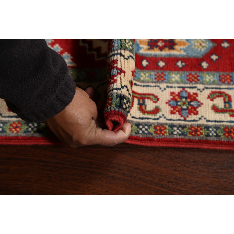 Tapis de couloir rouge / ivoire en laine noué à la main de conception unique 2 pi 8 po x 9 pi 8 po
