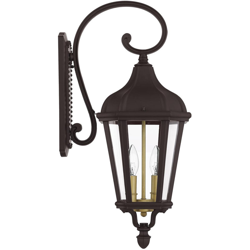 9 Inch 2 Light Outdoor Wall Lantern with Clear Glass Shade, Bronze/Satin Brass