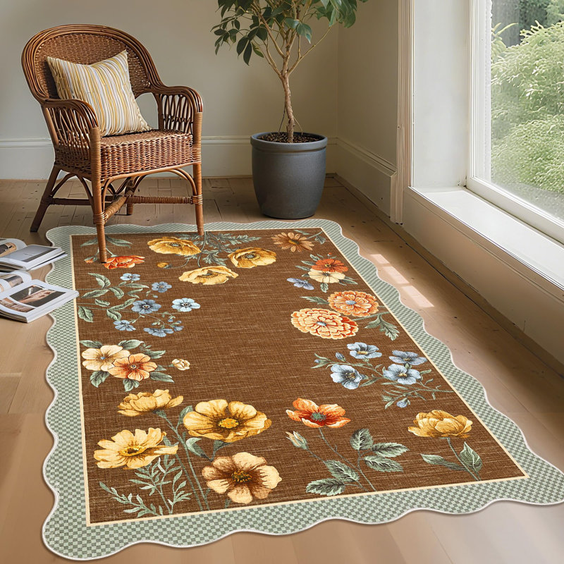 Scalloped Rug Machine Washable Floral Living Room Rugs Non Slip Bedroom Carpet for Nursery Dining Room Dorm Office, Brown