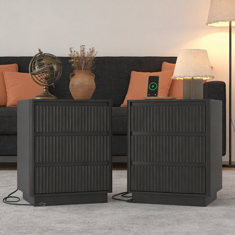 (Ensemble de 2) table de bout moderne avec station de charge USB C rapide, table d'appoint à 3 tiroirs avec grand rangement, table de chevet en bois pour le salon et la chambre à coucher