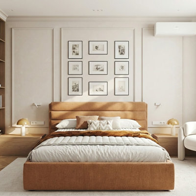 Linen 3-Panel Headboard King Bed Frame with Lift Up Storage, No Box Spring Needed, Ginkgo Yellow