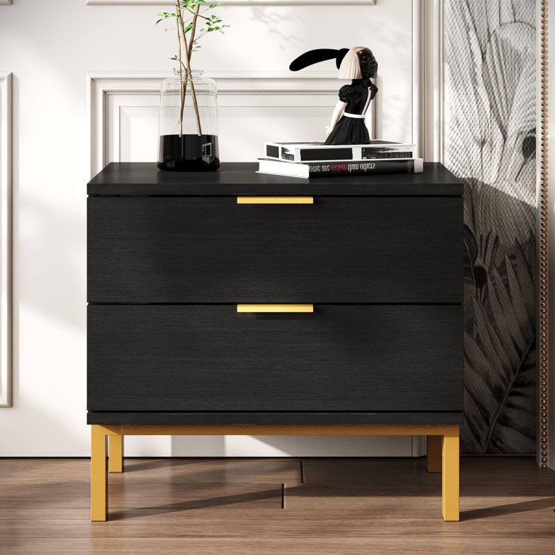 19.7" Black 2-Drawer Nightstand With Gold-Tone Legs And Handles