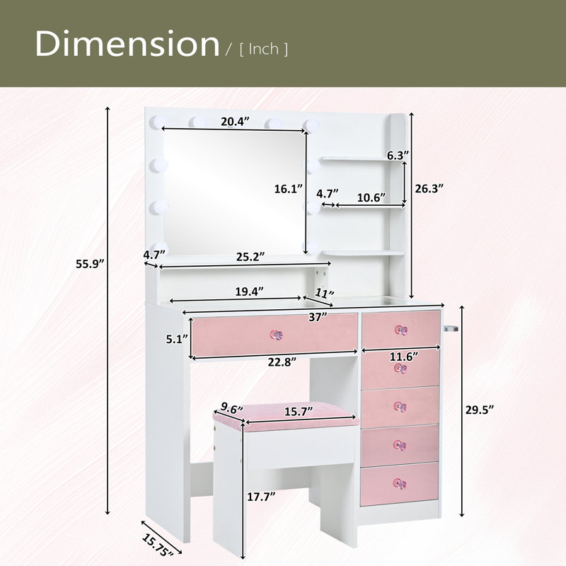 Bureau de coiffeuse avec plateau en verre et 9 ampoules Hollywood, 3 modes d'éclairage couleur, coiffeuse de maquillage avec tiroirs et tablettes, coiffeuse avec tabouret pour la chambre