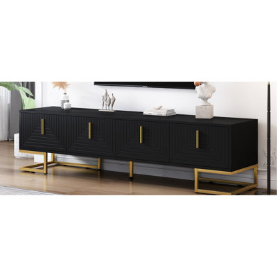 Meuble télé noir avec caractéristiques géométriques et tablettes réglables, pieds en métal, poignées dorées pour armoires de télévision 80 po, pieds, rangement pour tablettes