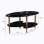 Table basse ovale noire en verre, table moderne avec pieds en chêne