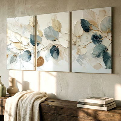 3 Pieces Elegant Leaf Design Large Wall Art in Blue and Gold Tones for Modern Decor, Three Pieces Wall Art for Living Room, Bedroom, and Office Decor