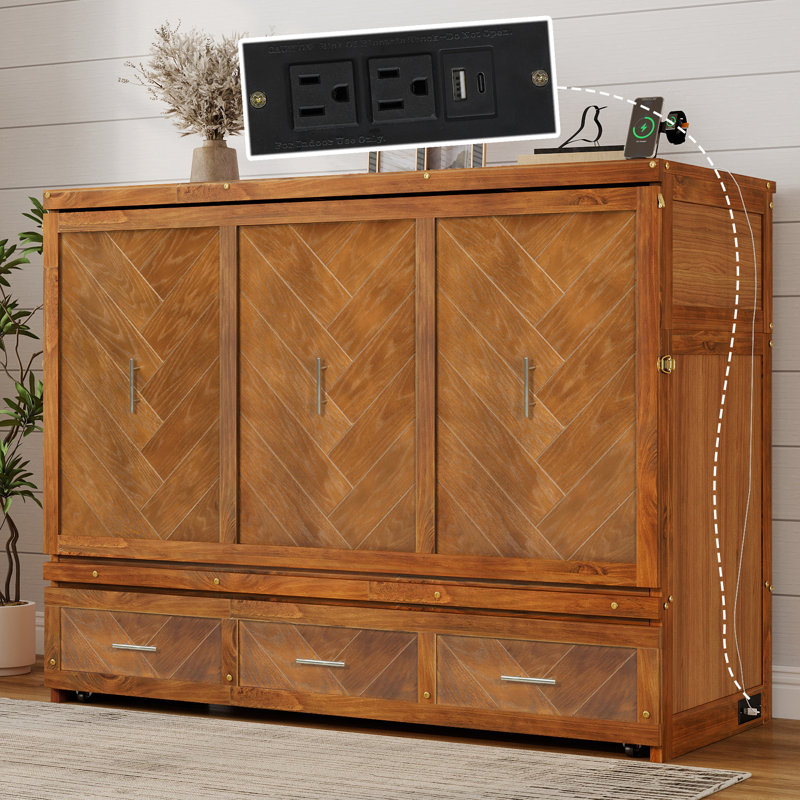 Queen Size Pine Wood Murphy Cabinet Bed with Built-in USB Charging and Geometric Panel – Light Walnut, Light Walnut