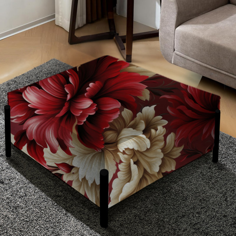 Grand repose-pieds carré rouge à motif floral damassé rouge Regal