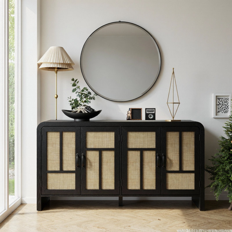 Buffet en rotin noir avec portes tissées à la main, armoire à 4 portes avec tablettes réglables