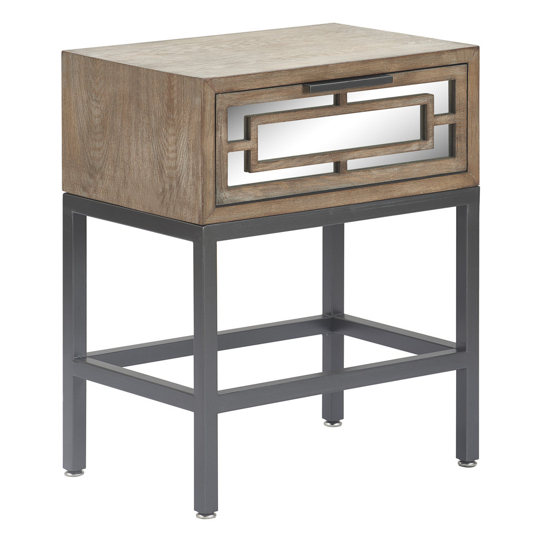 Tommy Hilfiger Hayworth Side Table, Mirrored Storage Drawer with Wood Overlay, Metal Base, Ash Gray Tommy Hilfiger