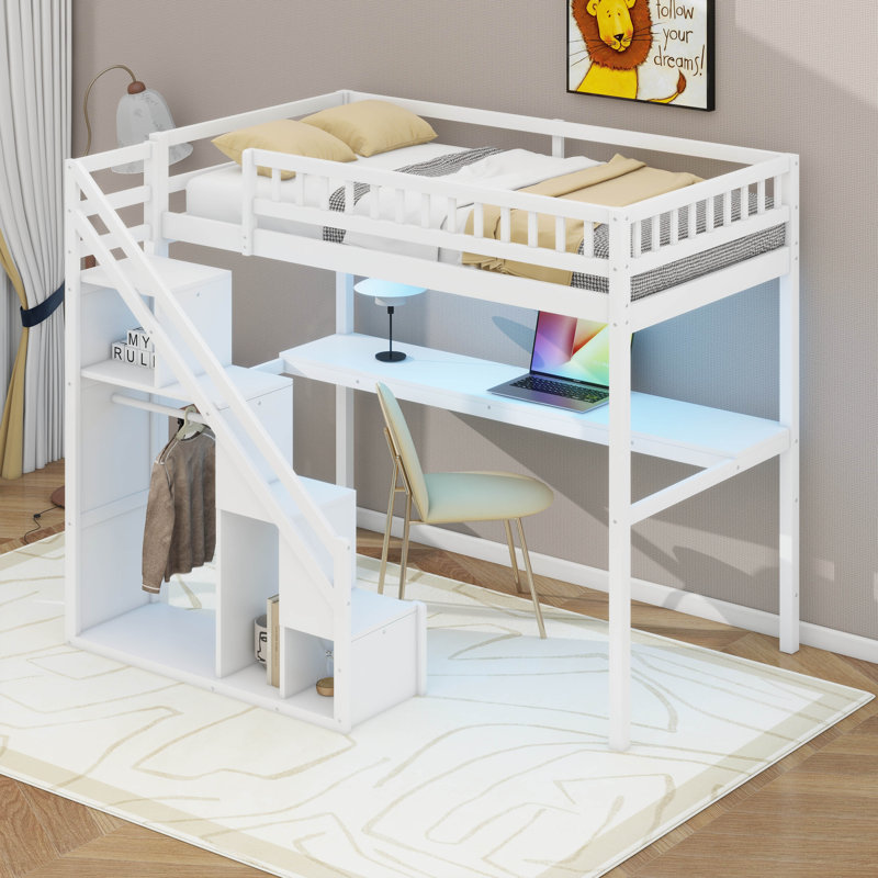 Twin Size Loft Bed Frame With Storage Staircase, Desk, 2-Storage Chest With Drawer, LED, White