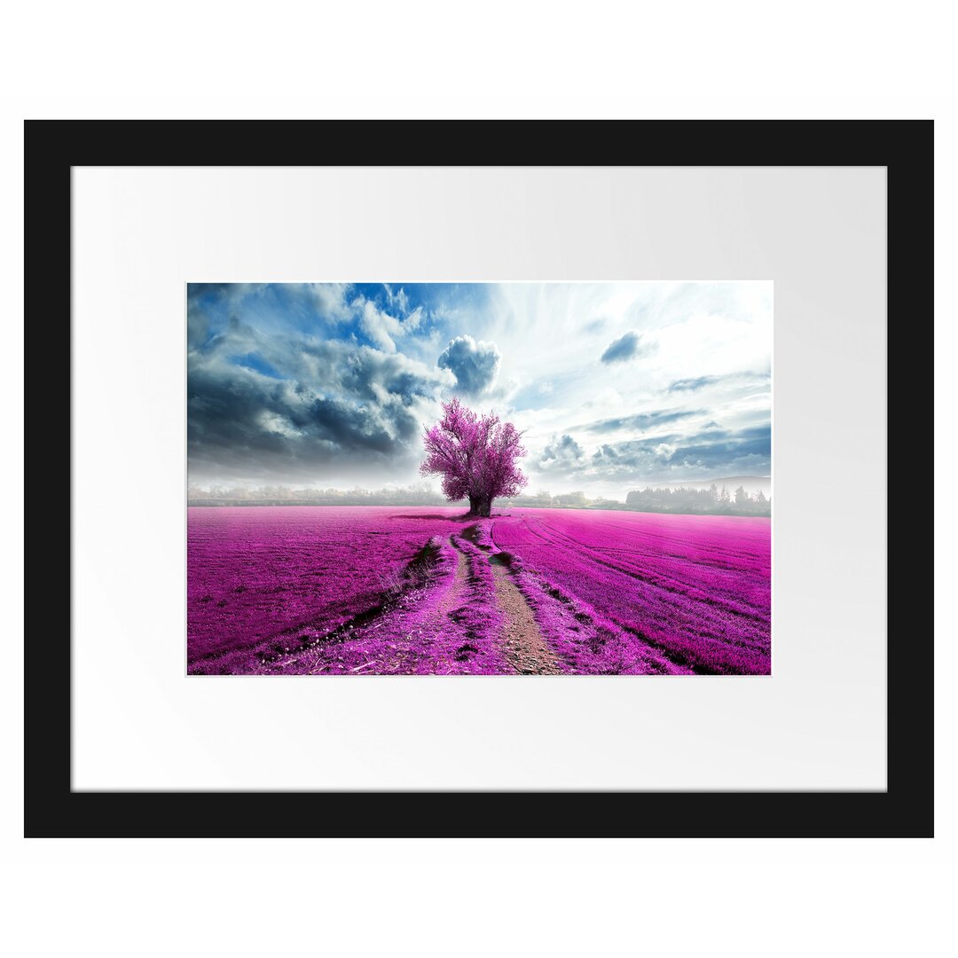 Gerahmtes Poster Pinkes Feld mit pinkem Baum