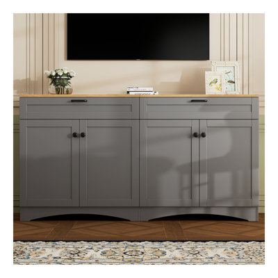 Farmhouse TV Stand With 2 Drawers For Tvs Up To 70", Versatile Wood Grain Sideboard With Adjustable Shelves, Mid-Century Buffet Cabinet With Rustic Handles For Living Room/Bedroom, Grey