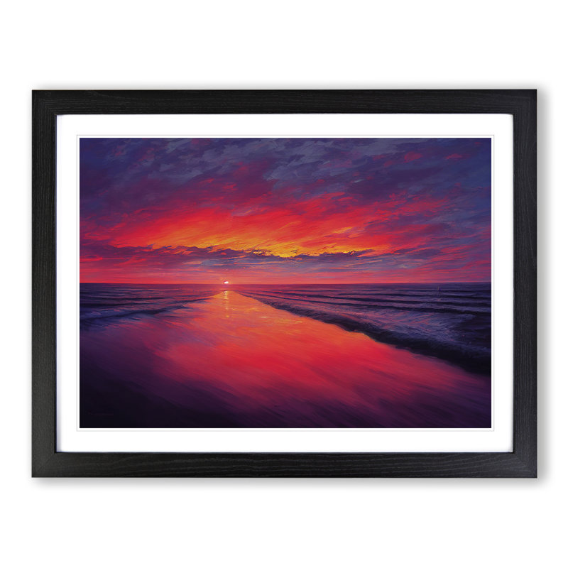Lush Ocean Sunset - Single Picture Frame Painting, 25cm H x 34cm W x 2cm D, Black