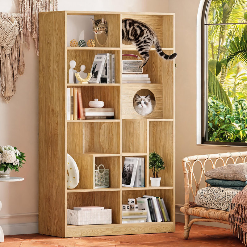 Bibliothèque pour arbre à chat 2-en-1, support de rangement pour chat en bois multi-niveaux avec bac à litière, finition naturelle