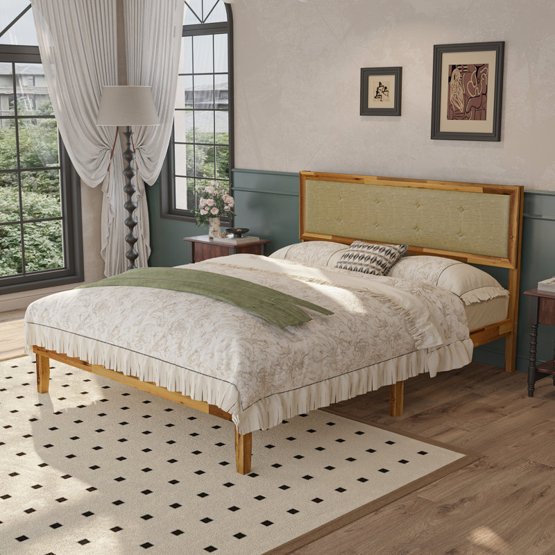 Rustic Solid Acacia Wood Platform Bed Frame With Upholstered Headboard, No Box Spring Needed