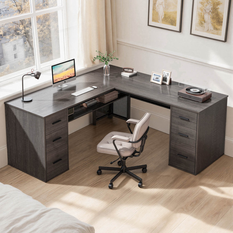 Corsair L-Shaped Executive Desk with 6 Drawers, Dark Gray Oak