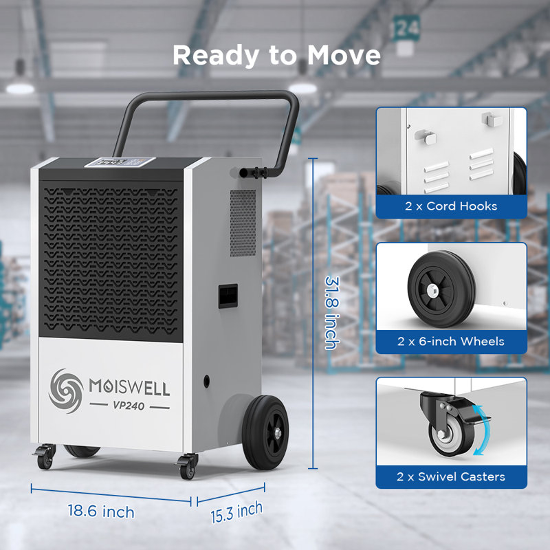 240 Pints Commercial Dehumidifier With Pump Automatic Continuous Draining for Basements & Industrial Sites up to 8,500 Sq. Ft.