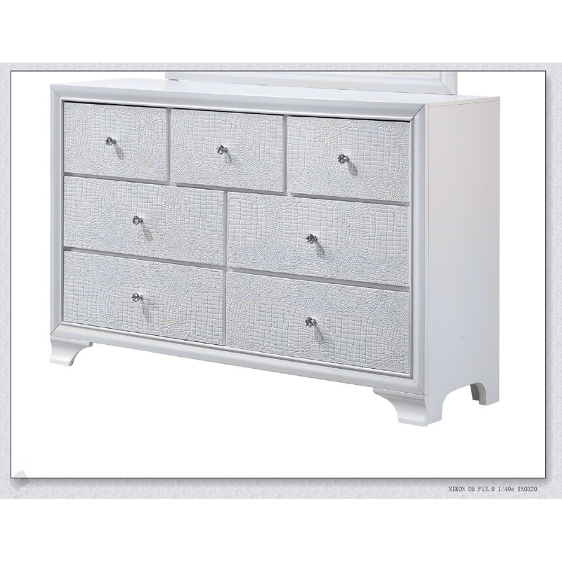 Commode à sept tiroirs moderne de style glamour moderne avec motif de crocodile en relief et poignées en faux cristal, Blanc