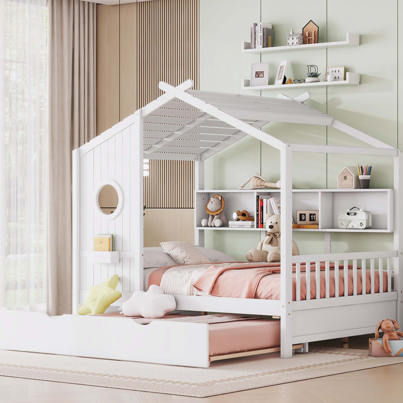 Lit en bois avec lit gigogne, Blanc, Double