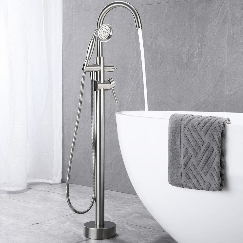 Floor Mounted Bathtub Faucet In Brushed Nickel - Single Lever Handle For Precise Temperature And Flow Control Filler With Rough-in Valve A Hassle- Installation