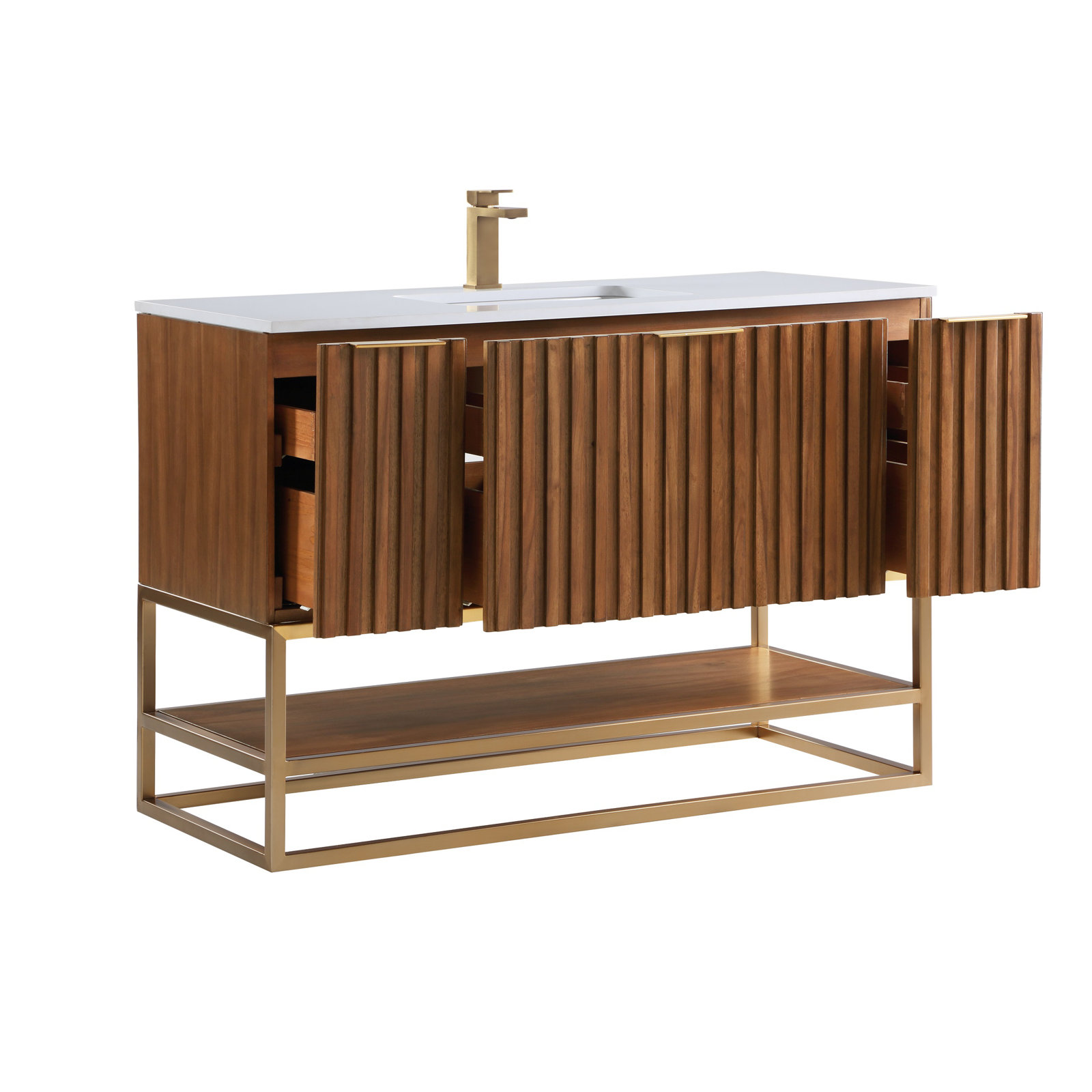 Terra 48'' Single Bathroom Vanity, Walnut, Satin Brass, Calacatta Quartz/Widespread Faucet Mount