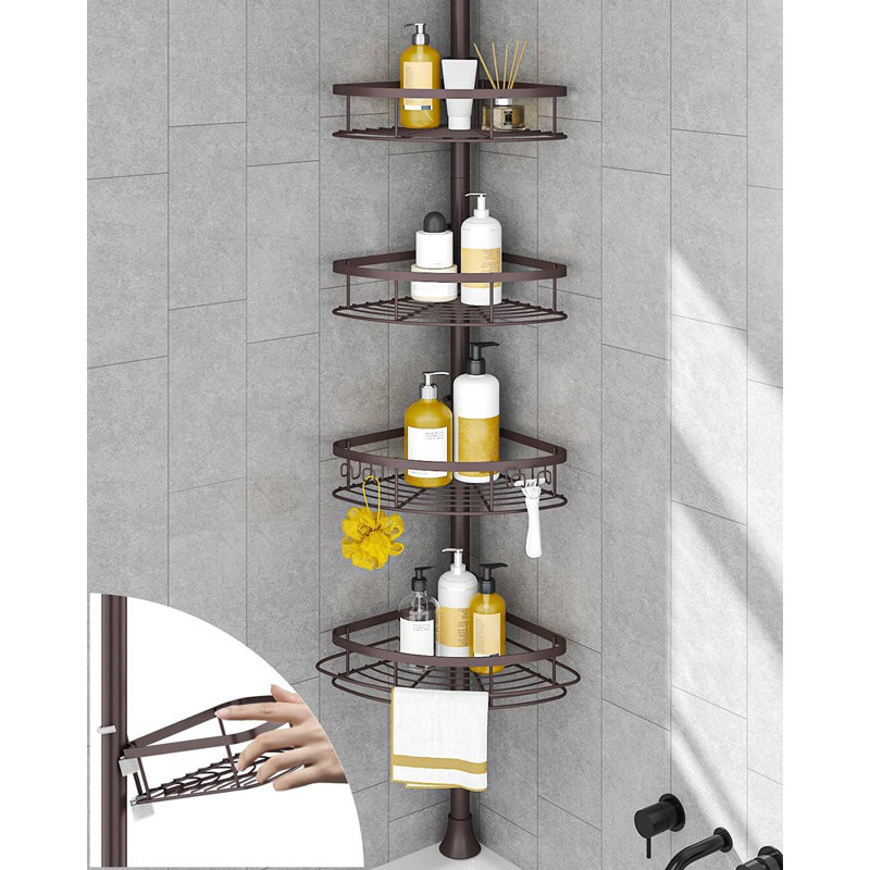 Rustproof Shower Corner Caddy Organizer - Bronze - Tension Pole With 4 Baskets, Floor-Standing Bathroom Storage Rack For Bathtub
