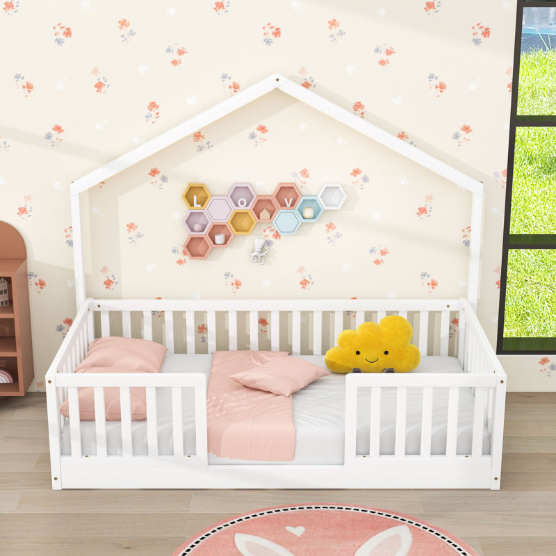 Wood Montessori Bed with Rails and Built-in LED Light, Twin, White