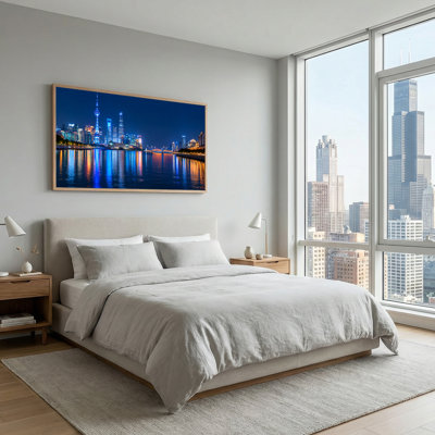 Illuminated City Skyline with River Reflections at Night Canvas Wall Art