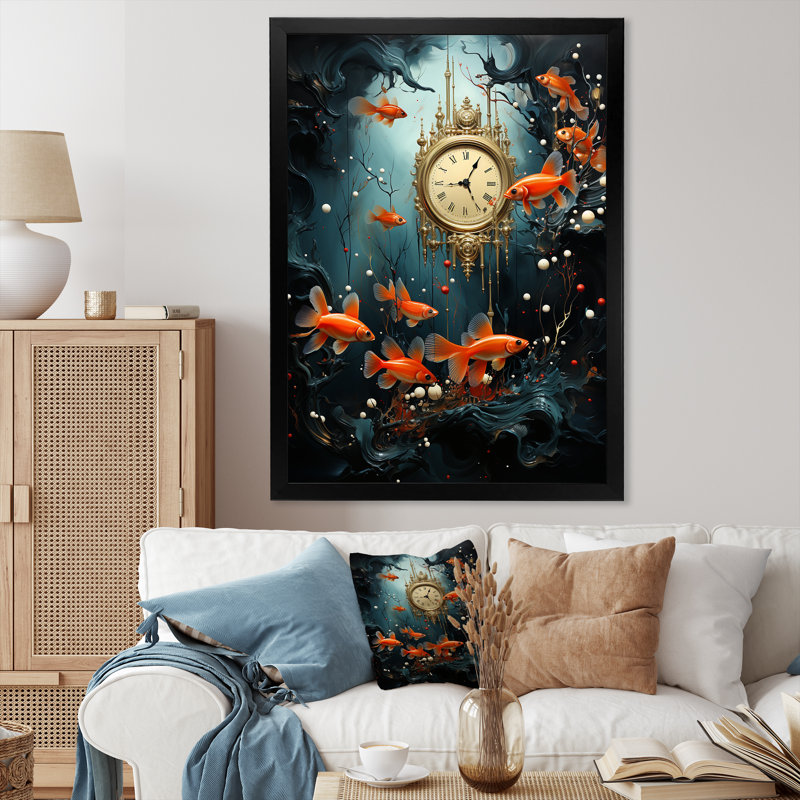 Reproduction sur toile d'une horloge surréaliste, Cadre photo noir, H 44 po x l 34 po x P 1,5 po