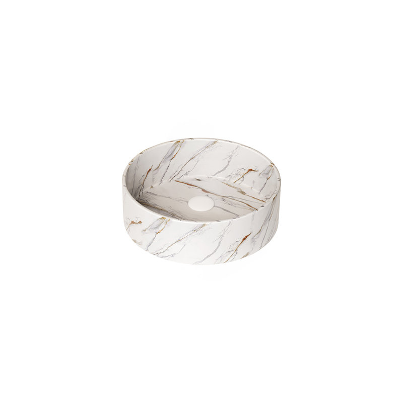 14'' Bathroom Sink, Round Vessel Ceramic Sink With Stone Pattern Without Faucet, NO Cabinet, Matte White, Matte White