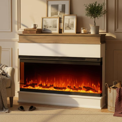 50" White Panoramic Electric Fireplace with Mantel, Extra-Wide Firebox, 9 Color Flame, Flame-Only Mode, 1500W