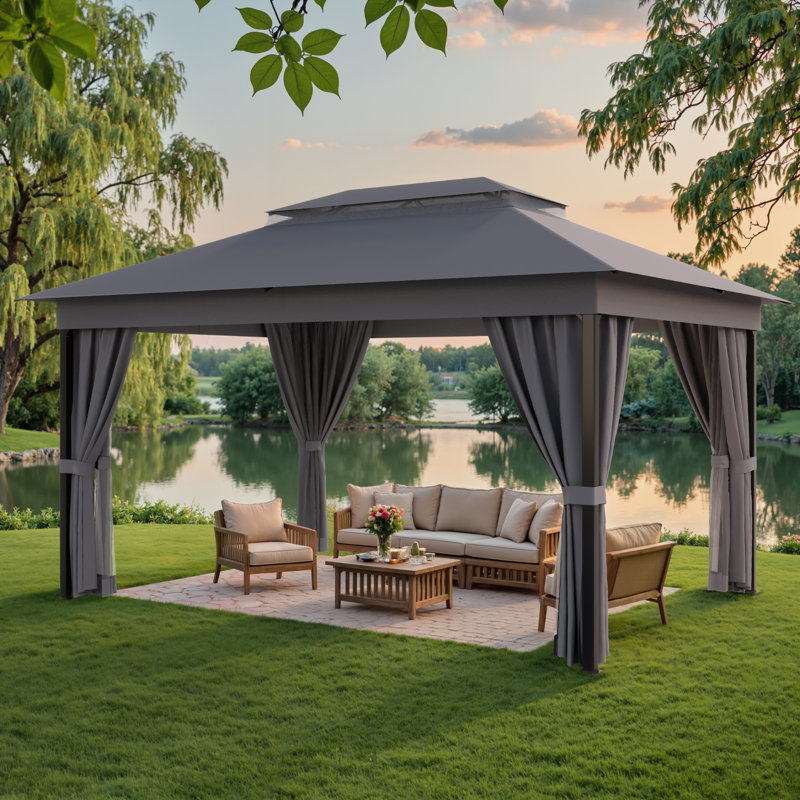13 Ft. W x 10 Ft. D Soft Top Steel Patio Gazebo with 2-Tier Canopy and Zippered Mesh Netting for Outdoor, Patio, Garden, and Backyard Activities