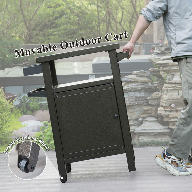 Grill Carts Outdoor With Storage And Wheels, Whole Metal Portable Table And Storage Cabinet For BBQ, Deck, Patio, Backyard