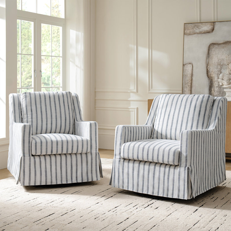 Lillie 30" W Farmhouse Slipcovered Down-blend Swivel Rocking Chair with Pillow Back, Navy