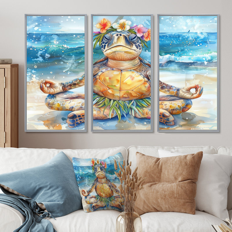 Ensemble d'art mural Saligurar - Tortue, Toile argentée avec cadre flottant, H 32 po x l 48 po x P 1 po