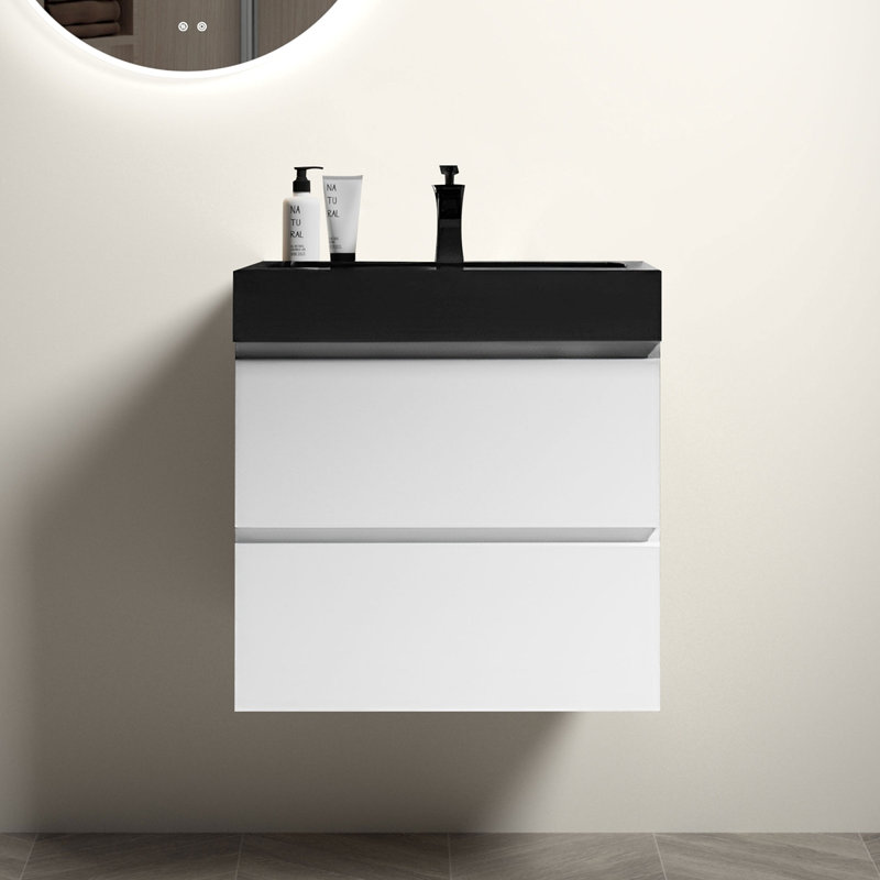Meuble-lavabo de salle de bain flottant mural, Blanc, Noir