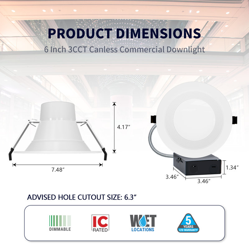 6 Inch 120-277V Recessed LED Commercial Downlight with J-Box, Wattage Adjustable 12/16/20W,3 Color Selectable 3000K-5000K, 0-10V Dimmable, IC Rated,Canless LED Downlight, UL Listed