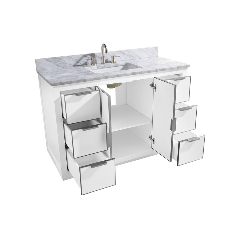 Ensemble de meuble-lavabo simple 49 po Salise, Marbre blanc de Carrare / argent, Blanc