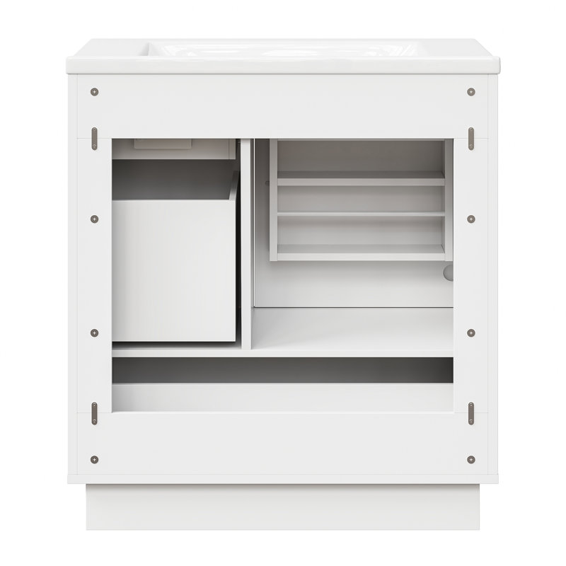 Meuble-lavabo simple autoportant de 30 po avec lavabo en céramique et tiroir électrique intégré, blanc