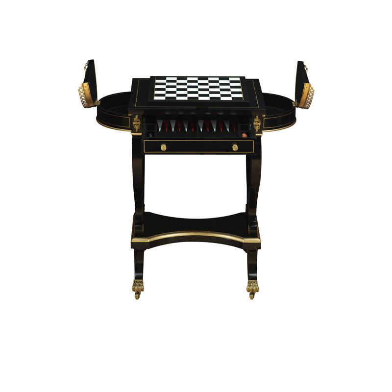 Ebonized and Gold 18" Leather Game Table with Brass Accents