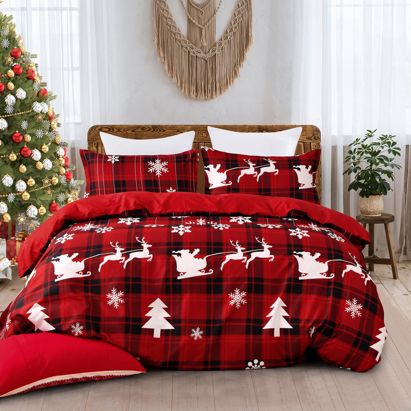 Ensemble de couette 7 pièces à motifs de rennes et de carreaux pour Noël, Très grand lit