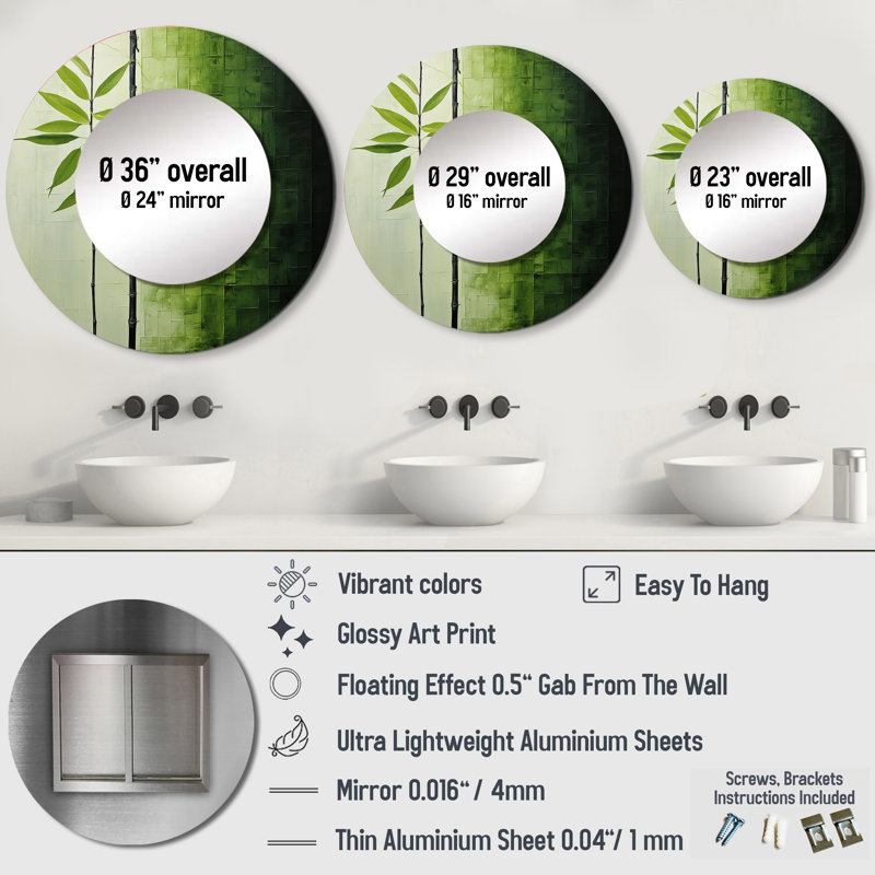 «Green Ferm Simple Collage III - Leaves Unique Wall Mirror», miroir rond vert, impression sur métal, 29 po x 29 po