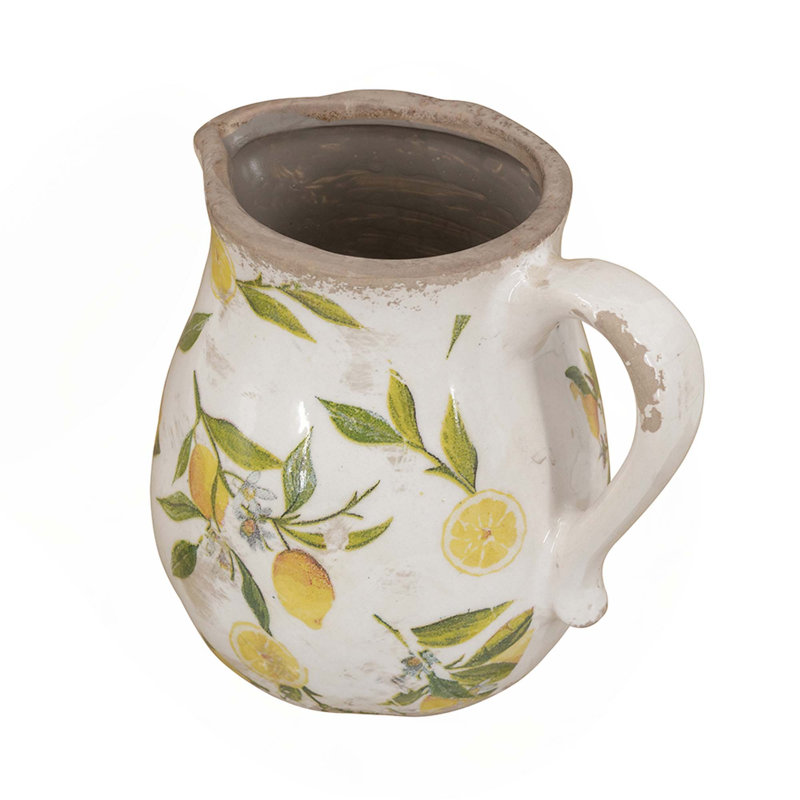 Ceramic Pitcher Vase With Yellow Lemon Motif, Yellow/Green, 6.1" H x 6.3" W x 5.1" D