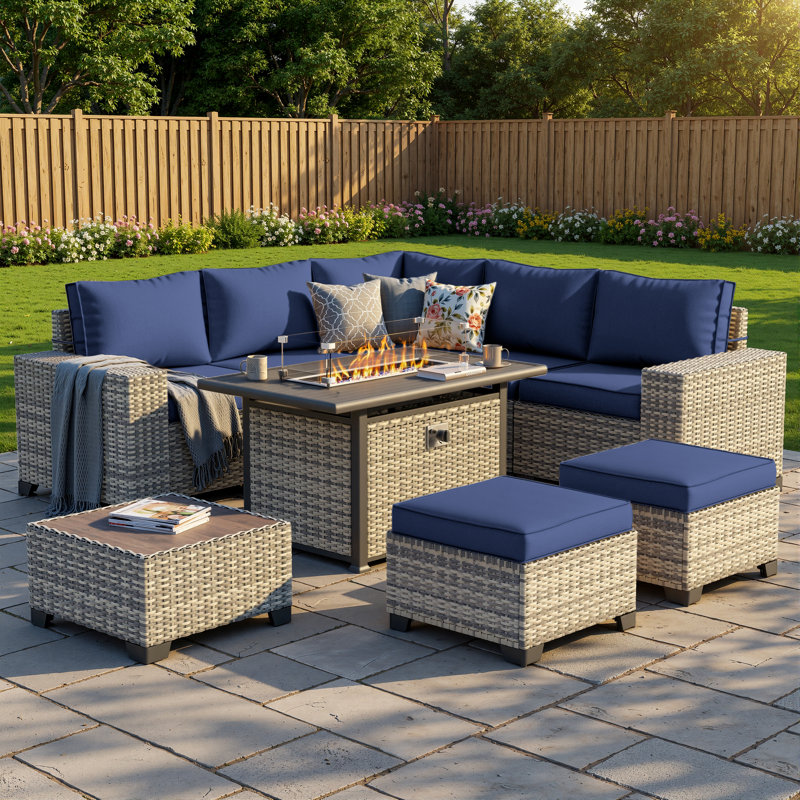 9-Piece Outdoor Modular Patio Conversation Set With Fire Pit Table, Sectional Sofa & Ottomans, Navy Blue
