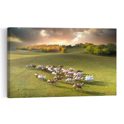 Courir à dos de chameaux, automne, paysage abstrait de cheval contemporain, paysage, art mural